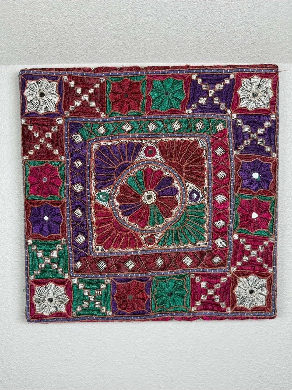 Vintage Tapestry Embroidered Mirrors Jewel Tones Crewel Square Wall Hanging
